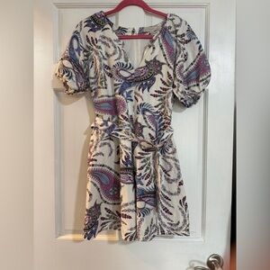 LOFT Linen Cream Paisley Mini Dress with Pink & Blue Accents